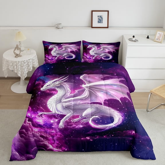 Erosebridal White Dragon Comforter Sets Queen Size, Starry Sky Comforters & Duvets, Magical Animal Reversible Duvet Insert, Super Cozy Bedroom Decor, 3-Piece