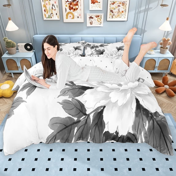 Erosebridal White Floral Queen Duvet Cover Set for Girls Women, Botanical Theme Bedding, Reversible, 3pcs 1 Duvet Cover and 2 Pillowcases, No Comforter