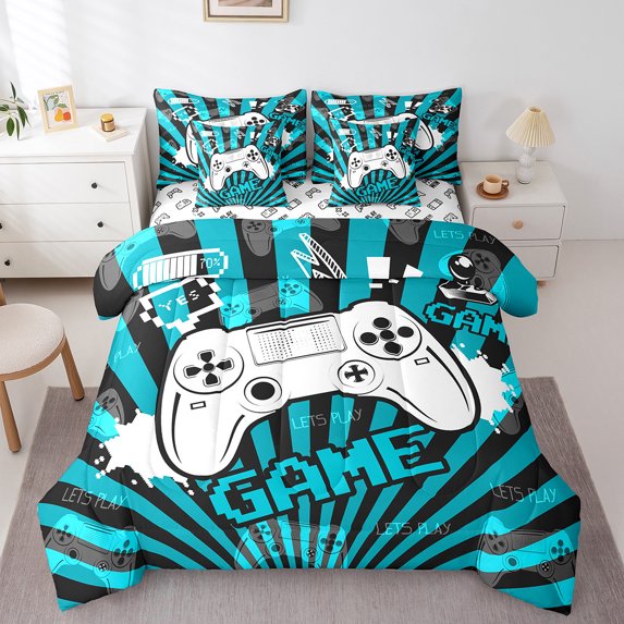 Erosebridal White Gamepad Bedding King Size,Geometry Stripes Comforter Sets with Sheets,Blue Black Bedding Sets King Size For Boys,Super Cozy Room Decoration Reversible,7pcs