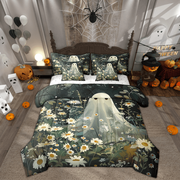 Erosebridal White Ghost Bed in a Bag King size, Spooky Halloween Bed Set, Groovy Floral Bedding King Size, Ultra Soft Bedroom Decoration, 7pcs