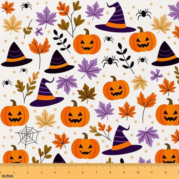 Erosebridal White Halloween Fabric by the Yard 1 Yard, Jack O Lantern Witch Hat Spider Pattern Home Decor Fabric by the Yard