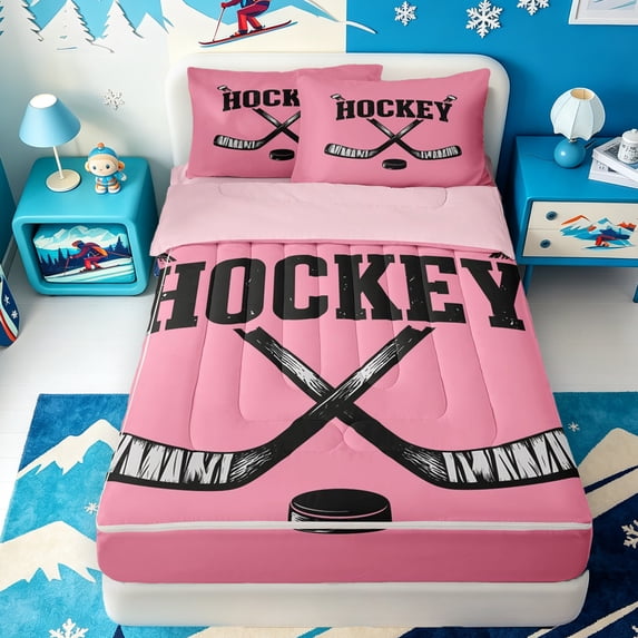 Erosebridal White Hockey Stick Zipper Queen Comforter Set with Fitted Sheet and 2 Pillowcases,Modern Ice Skater Zipper Bedding Set,Pink Reversible,4-Piece