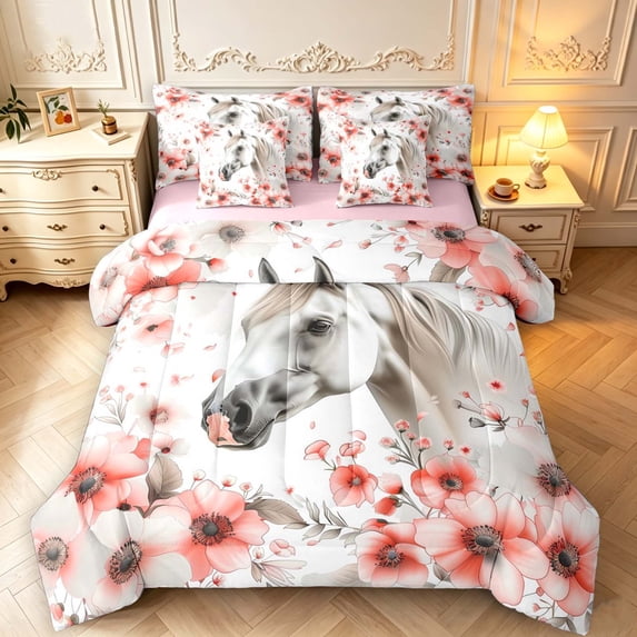 Erosebridal White Horse Anemones 7 Pieces Full Size Bedding Sets,Pink ...