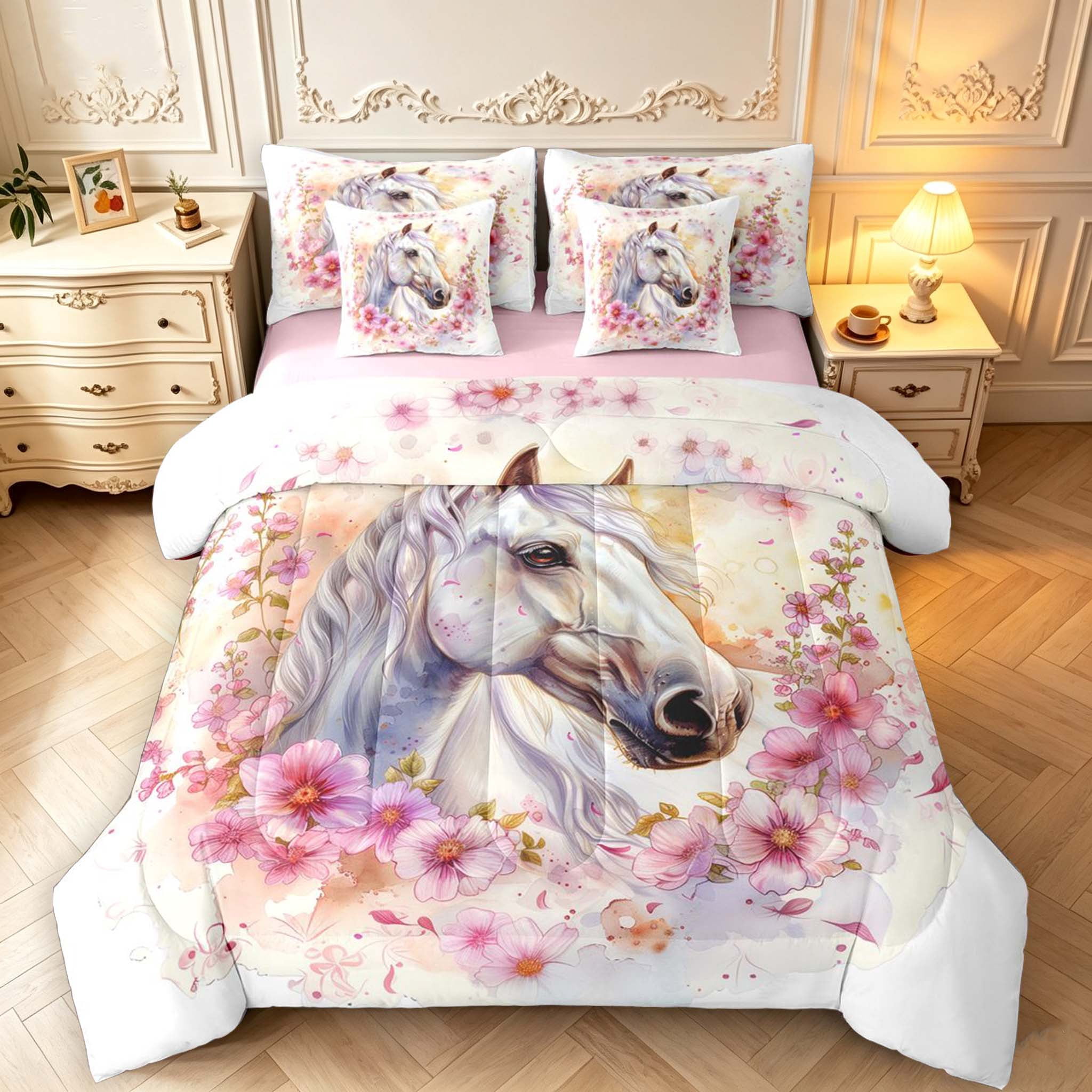 Erosebridal White Horse Floral 7-Piece King Bedding,Pink Blossom King ...