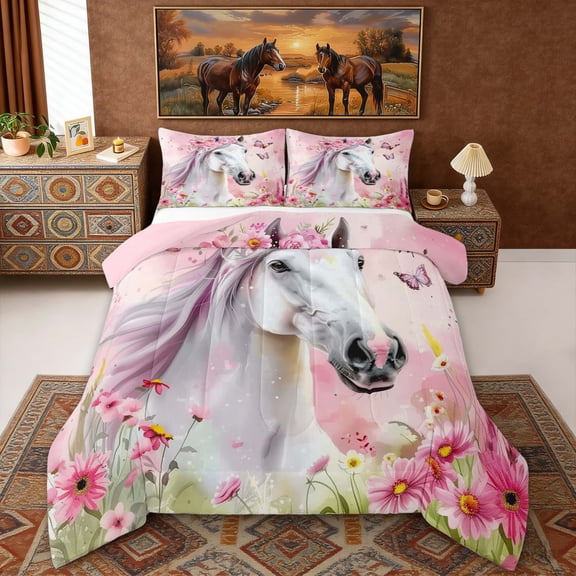 Erosebridal White Horse Full Size Comforter Sets for Girls, Chic Butterfly Flower Bedding Sets