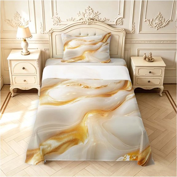 Erosebridal White Marble Gold Wave Twin Sheets,Modern Cream Marbling Flow Bedding,3 Pieces,1 Flat Sheet,1 Fitted Sheet and 1 Pillowcase