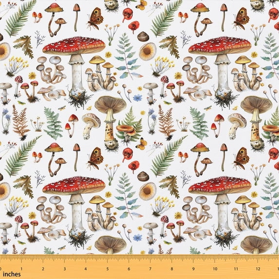 Erosebridal White Mushroom Fabric by the Yard 1 Yard, Forest Butterfly Fern Berry Pattern Home Decor Fabric by the Yard