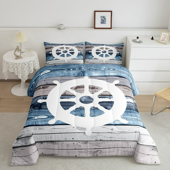 Erosebridal White Nautical Rudder Bedding Sets King with Comforter, Vintage Farmhouse Duvet Insert, Old Barn Door Home Decorative Ultra Soft 3pcs