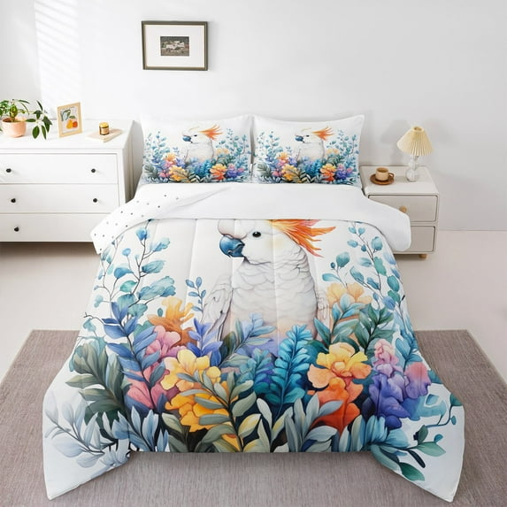 Erosebridal White Parrot Bedding Twin Comforter Set, Watercolor Plant Bedding Sets Twin with Comforter, Botanical Flower Reversible Down Comforter, Breathable Bedroom Decor, 2-Piece