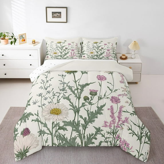 Erosebridal White Pink Blossoms Comforter Sets, Botanical Floral Flower Comforters & Duvets, Green Leaves Bedroom Decor, Reversible 2-Piece