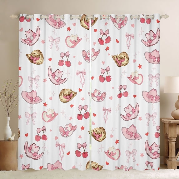 Erosebridal White Pink Cowgirl Hats Cherry Print Blackout Curtains Set of 2 (52x84 Each), Girly Western Window Curtains for Girls