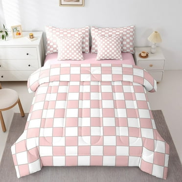 Erosebridal White Pink Plaid Twin Comforter Set With Sheets 7 Piece Light Pink Checkerboard Bedding Set Teen,Checkered Grid Bed In A Bag Modern Aesthetic Geometric Bed Set