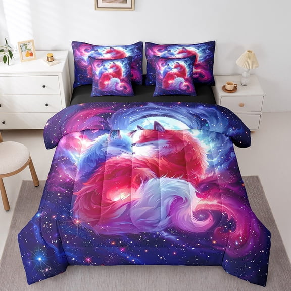 Erosebridal White Red Fox Bedding Full Size, Romantic Wildlife Bed in a Bag Full size, Glitter Galaxy Reversible Bed Set, Lightweight Room Decor, 7pcs