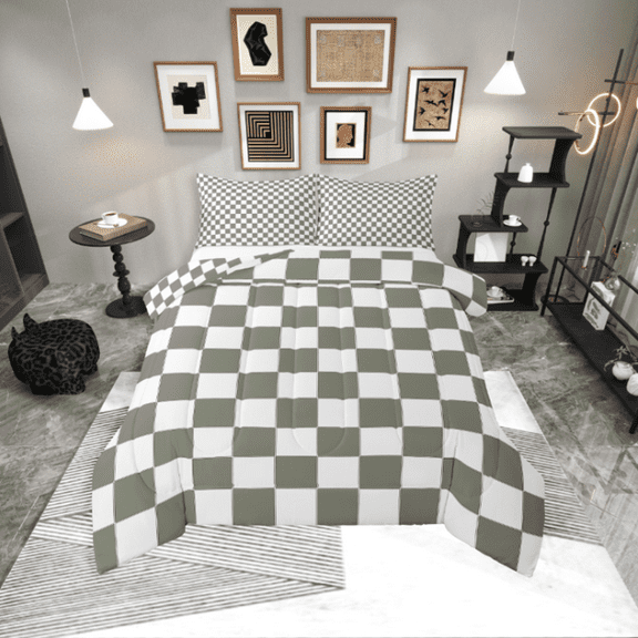 Erosebridal White Sage Green Checkered Bedding Set Buffalo Plaid Grid Comforter Set Twin Checkerboard Quilt Set Aesthetics Gingham Duvet Set Modern Room Decor