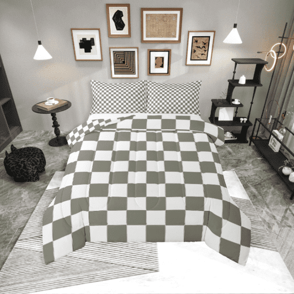 Erosebridal White Sage Green Checkered Bedding Set Buffalo Plaid Grid Comforter Set Twin Checkerboard Quilt Set Aesthetics Gingham Duvet Set Modern Room Decor