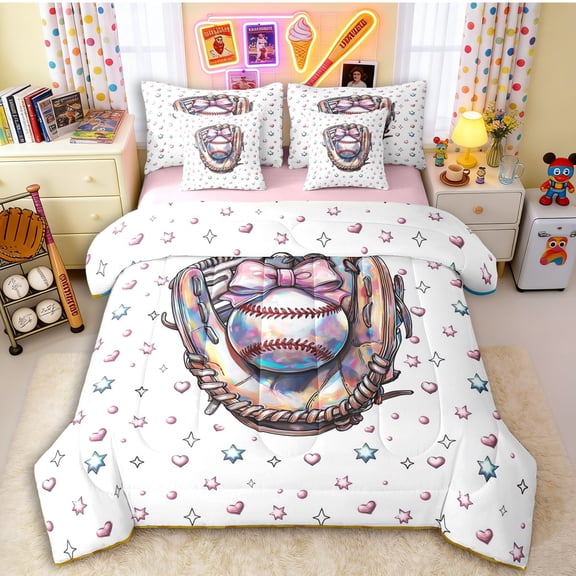 Erosebridal White Star & Heart Background Holographic Baseball Glove & Ball Graphic Bedding Comforter Set 7-Piece, Cute Graphic King Bedding Sets for Girls Kids,Pink Reversible,Ultra Soft Home Decor