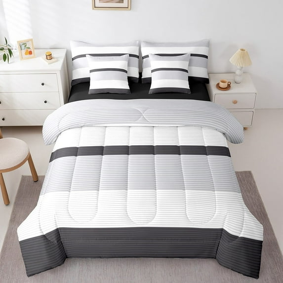 Erosebridal White Stripes Bedding Sets Twin Size,Geometric Lines Comforter Sets with Sheets,Geometric Theme Bed in a Bag Twin size,Ultra Soft Abstract Room Decor,Reversible,7pcs