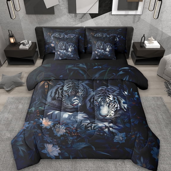 Erosebridal White Tiger Bedding Sets King Size,Jungle Animal Comforter Sets with Sheets,Tropical Leaves Bed in a Bag King Size,Super Cozy Room Decoration Reversible,7-Piece