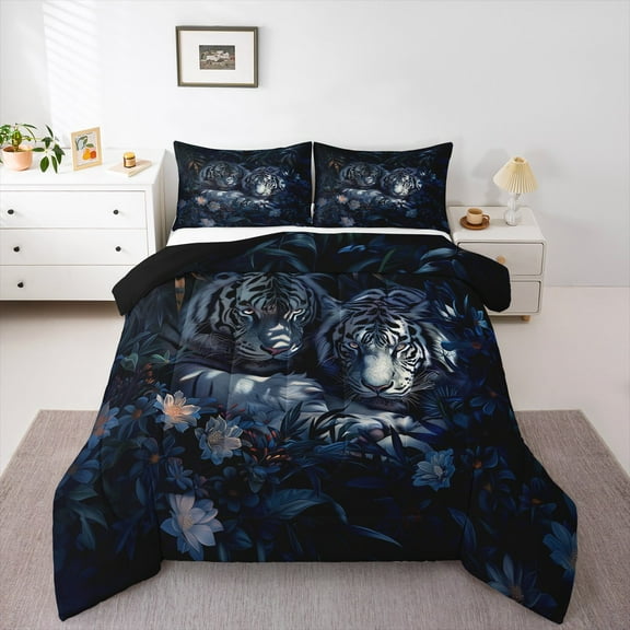 Erosebridal White Tiger Bedding Twin Comforter Set,Jungle Animal Down Comforter,Tropical Leaves Bedding Sets Twin with Comforter,Super Cozy Room Decoration Reversible,2 Pieces