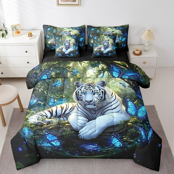Erosebridal White Tiger Bedding Twin Size, Magic Jungle Blue Butterfly Comforter Sets with Sheets, Wild Animal Wildlife Duvet Set, Ultra Soft Room Decoration, Reversible 7-Piece