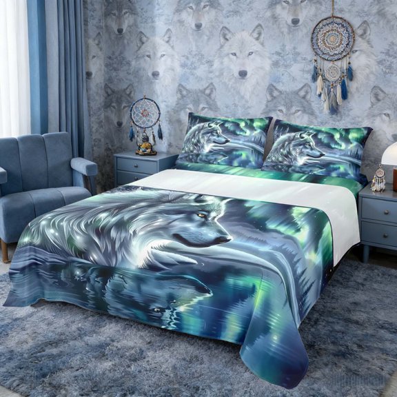 Erosebridal White Wolf Aurora Reflection Print Queen Sheet Sets, Icy Water Bed Set for Men and Women, 1 Flat Sheet, 1 Fitted Sheet and 2 Pillowcases