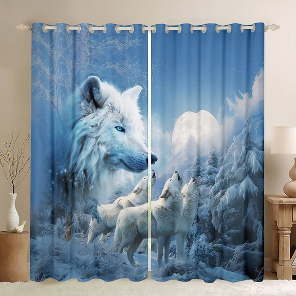 Erosebridal White Wolf Pack Snowy Moon Print Curtains Pack of 2 (42x84 Each), Winter Wildlife Curtains Blackout for Men and Women