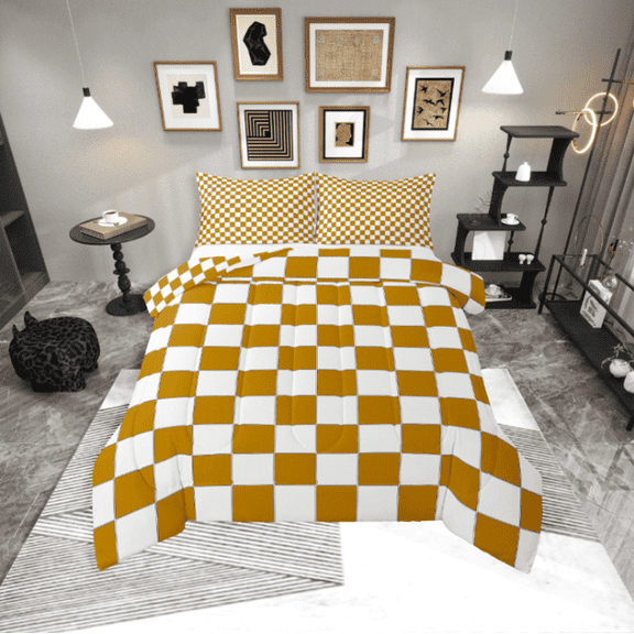 Erosebridal White Yellow Checkered Bedding Set Buffalo Plaid Grid Comforter Set Twin Checkerboard Quilt Set Aesthetics Geometric Gingham Duvet Set Modern Room Decor