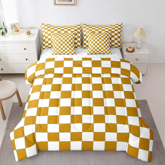 Erosebridal White Yellow Checkered Twin Bedding Set 7 Piece Buffalo Plaid Grid Comforter Set With Sheets Teen Adults Checkerboard Bed In A Bag Aesthetics Geometric Gingham Bed Set