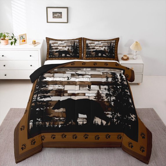 Erosebridal Wild Animal Bedding Queen Comforter Set,Bear Silhouette Paw Print Down Comforter,Tropical Botanical Pine Bedding Sets Queen with Comforter,Breathable Bedroom Decor Reversible,3 Pieces