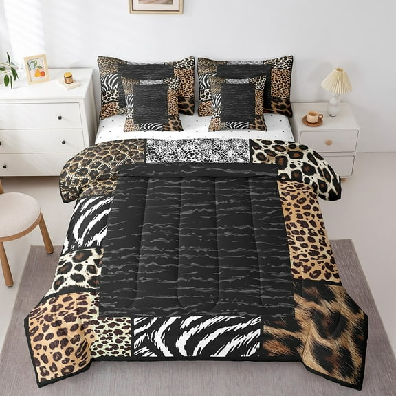 Erosebridal Wild Animal Print Bedding Sets Twin Size, Black Brown Gray Wildlife Comforter Sets with Sheets, Leopard Cheetah Zebra Bedding Accessories, Microfiber Room Decoration, Reversible 7pcs