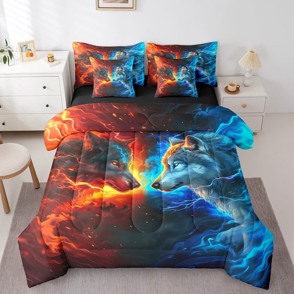 Erosebridal Wild Animal Wolf Bedding Sets Queen Size,Fierce Wildlife Animal Theme Comforter Sets with Sheets,Red Blue Black Bed in a Bag Queen Size,Breathable Room Decor Reversible,7-Piece