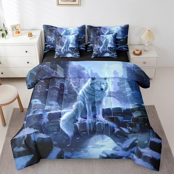 Erosebridal Wild Animal Wolf Bedding Twin Size,Howling Wolves Comforter Sets with Sheets,Moon Snow Lightning Bedding Sets Twin Size,Super Cozy Princess Room Decorative Reversible,7pcs