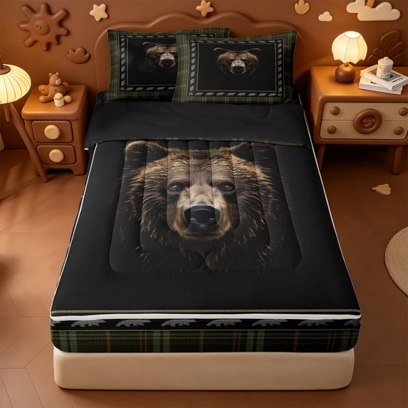 Erosebridal Wild Animals Bear Zipper Full Size Comforter Sets with Fitted Sheet and 2 Pillowcases,Wildlife Western Farmhouse Print Zipper Bedding Set For Boys,Black Reversible,4-Piece
