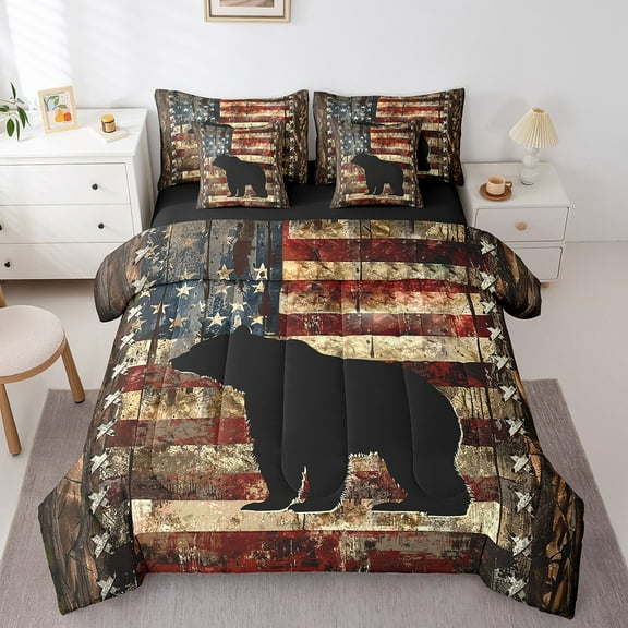 Erosebridal Wild Bear Bed in a Bag Queen Size, Vintage US Flag Bed Set, Rustic Lodge Cabin Bed Sheets Setp with Comforter, Super Cozy Room Decoration, Reversible 7 Pieces