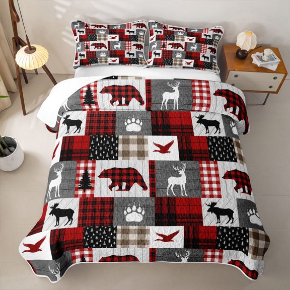 Erosebridal Wild Bear Moose Mallard Quilt Full,Woodland Animal Patchwork Full Bedspread Sets For Boys,3 Pieces