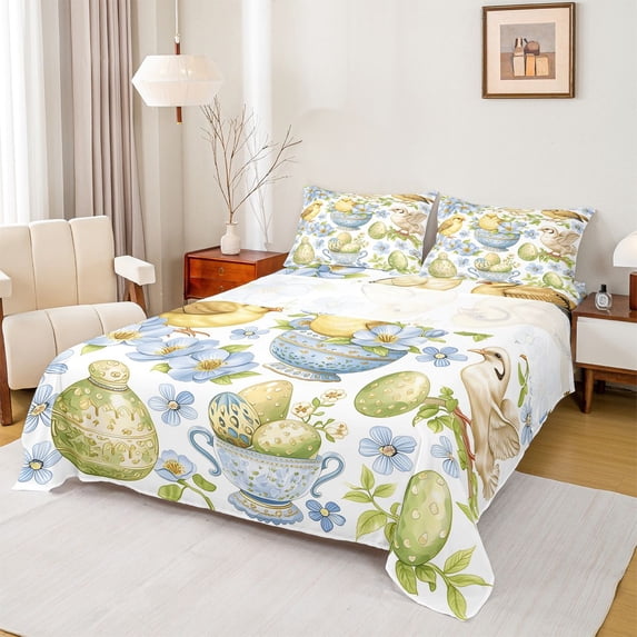 Erosebridal Wild Birds Blue Flower Bed Sheets,Vintage Easter Eggs Happy Easter Kids King Sheets For Girls 4-Piece