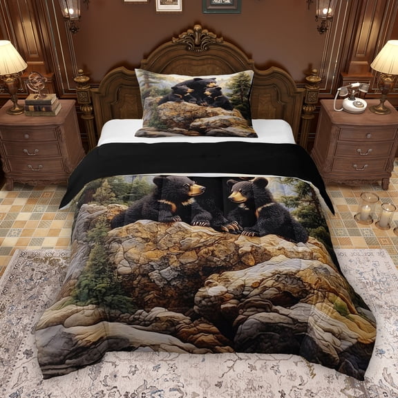 Erosebridal Wild Black Bear Twin Comforter Sets, Vintage Lodge Cabin Bedding Set, Black Reversible, 1 Comforter and 1 Pillowcase