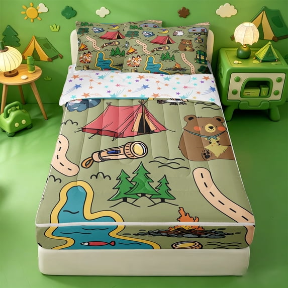 Erosebridal Wild Camping Zipper Twin Comforter Sets with Fitted Sheet and 2 Pillowcases,Animal Outdoor Print Zipper Bedding Set For Boys,Colorful Stars Reversible,4-Piece