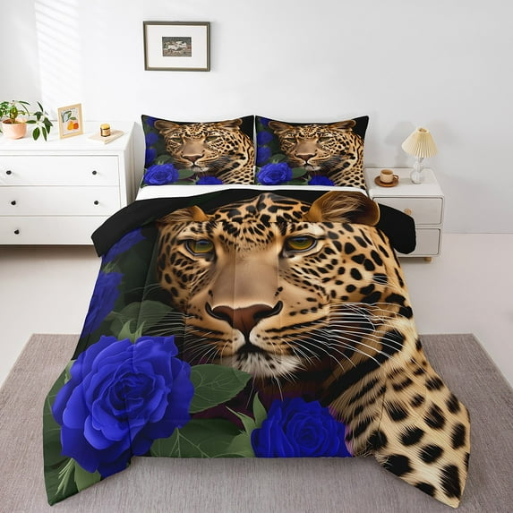 Erosebridal Wild Cheetah Leopard Wildlife Comforter Sets Full Size, Navy Blue Rose Flower Comforters & Duvets, Reversible 3pcs
