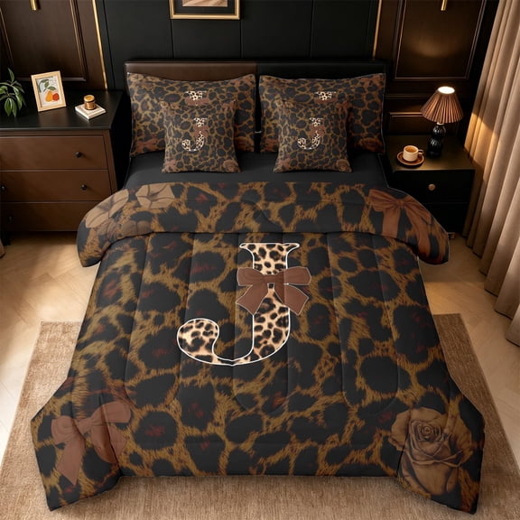 Erosebridal Wild Cheetah Print 7pcs Bedding Comforter Set,Leopard Pattern J Alphabet Queen Bedding Sets For Kids Girls,Black Reversible