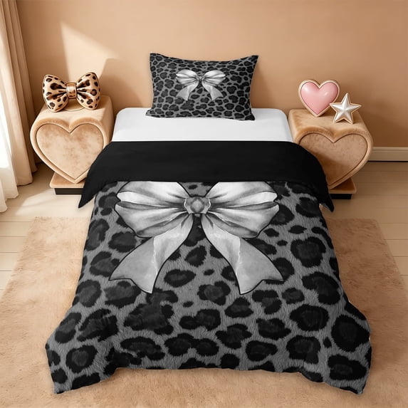 Erosebridal Wild Cheetah Print Twin Bedding,3D Silver Bowknot Pattern Duvet Cover Set For Bowtie Girls,Black Reversible,2-Piece(No Comforter)