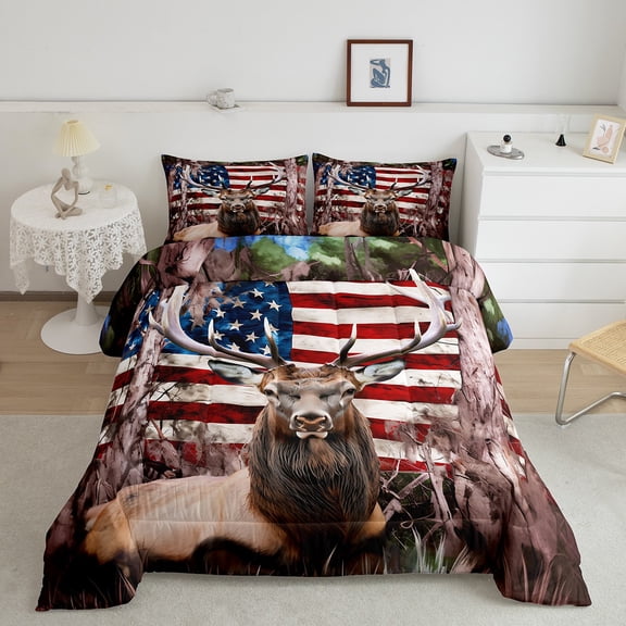 Erosebridal Wild Deer Moose Bedding Queen Comforter Set, Jungle Tree Branches Down Comforter, American Flag Bedding Sets Queen with Comforter, Lightweight Bedroom Decoration, 3 Pieces