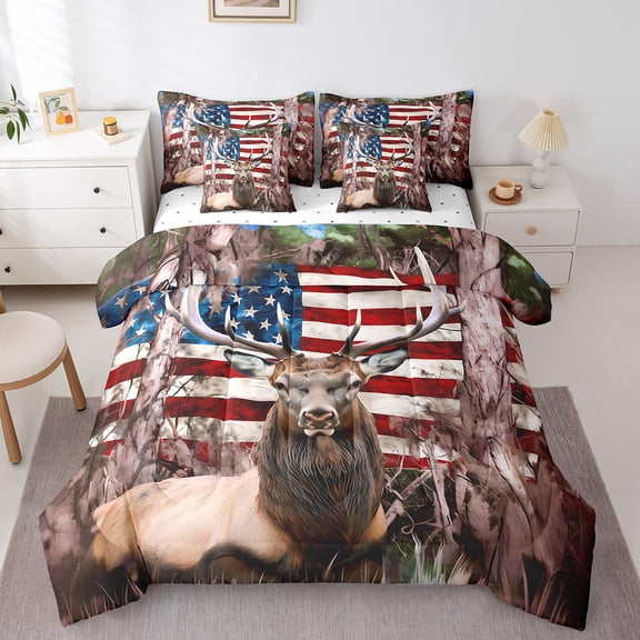 Erosebridal Wild Deer Moose Bedding Twin Size, Jungle Tree Branches Comforter Sets with Sheets, American Flag Duvet Set, Lightweight Bedroom Decoration, Reversible 7-Piece