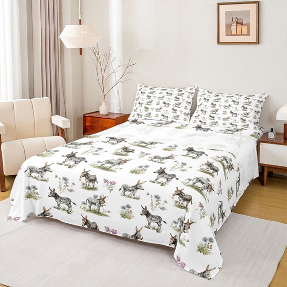 Erosebridal Wild Donkey Full Size Sheets,Rustic Plant Flowers Bed Sheets For Boys Teens 4 Pieces
