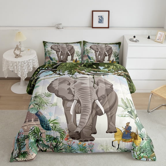 Erosebridal Wild Elephant Comforter Twin Tropical Jungle Bedding Set, Green Botanical Plants Down Comforter Safari Wild Animal Bed Set, Wildlife Theme Quilted Duvet Green Gray White