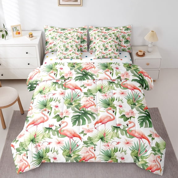 Erosebridal Wild Flamingo Bed in a Bag King Size, Tropical Animal Bed Set, White Blossom Green Palm Tree Bedroom Decor, Reversible 7pcs