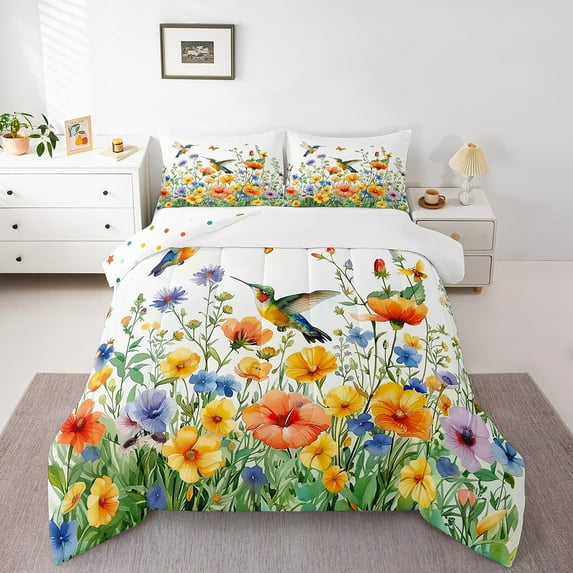Erosebridal Hummingbird Comforter Sets,Colorful Floral Flower Comforters & Duvets,Animal Wildlife Bedroom Decor,Breathable,Reversible,2pcs