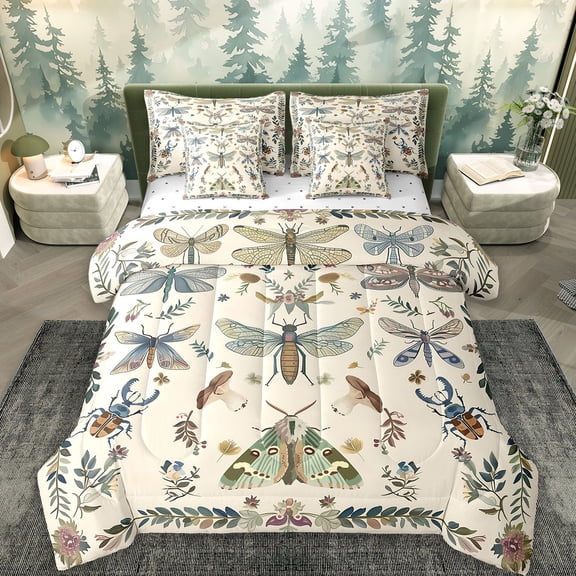 Erosebridal Wild Insects Bed in a Bag Full Size,Gothic Moth Bed Set,Animal Plant Theme Bedding Full Size For Youth Breathable Room Decor Reversible,7 Pieces
