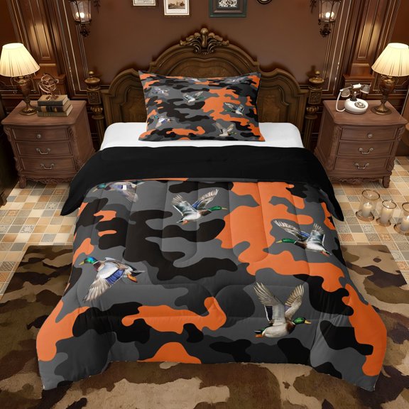 Erosebridal Wild Mallard Duck Twin Comforter Sets, Rustic Black Orange Camo Bedding Set, Black Reversible, 1 Comforter and 1 Pillowcase