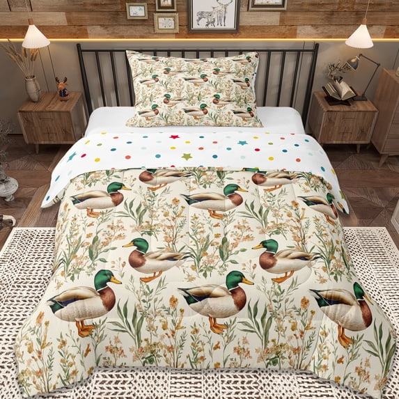 Erosebridal Wild Mallard Duck Twin Comforter Sets,Rustic Plant Flowers Bedding Set For Men Women, Reversible 2 Pieces
